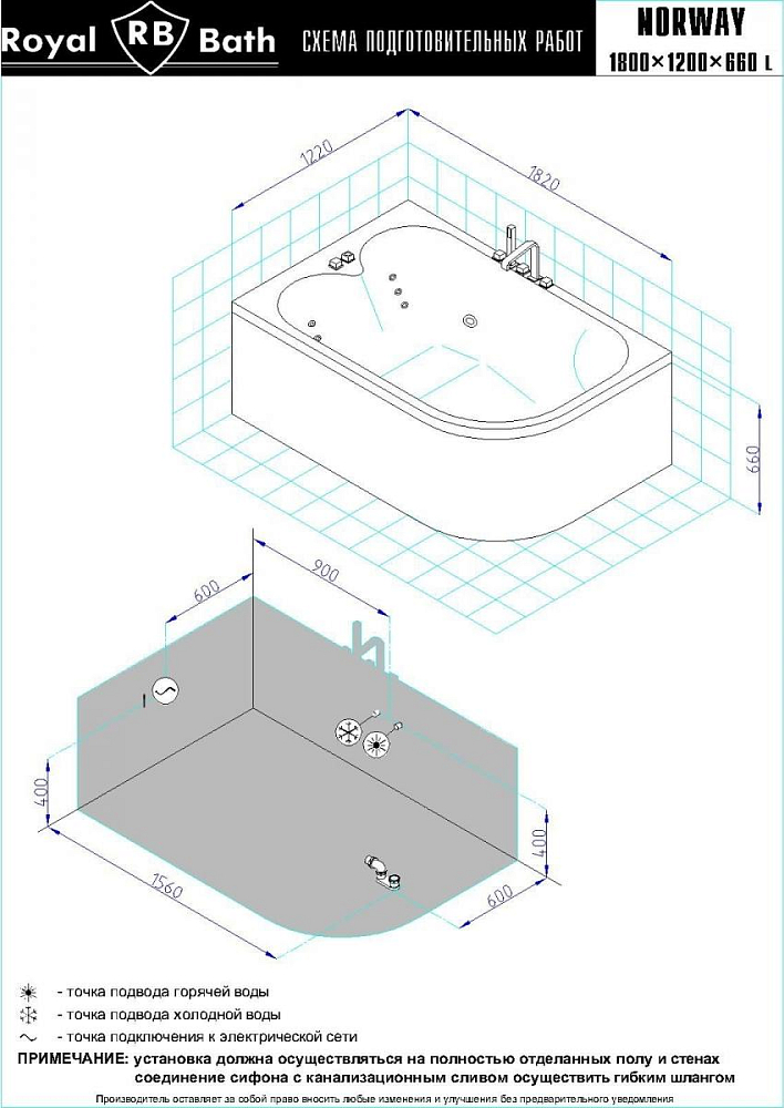 Акриловая ванна Royal Bath Norway Comfort 180х120 см RB331100CM-L с гидромассажем