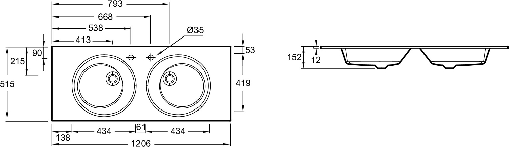 Раковина 121 см Jacob Delafon Odeon Rive Gauche EB2565-DE2, матовый чёрный