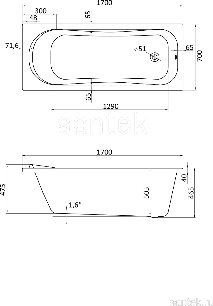 Акриловая ванна Santek Tenerife 160x70 1WH302357