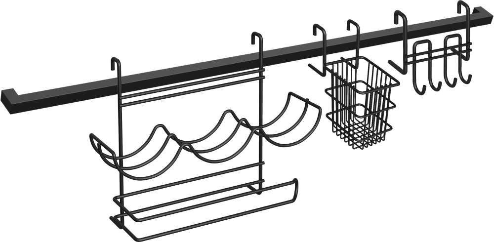 Комплект Рейлинг Domaci Феррара D20956 80, черный муар + Держатель D21363 для столовых приборов, черный муар + Держатель D21361 с крючками, черный муар + Держатель D21349 для приправ и полотенца, черный муар