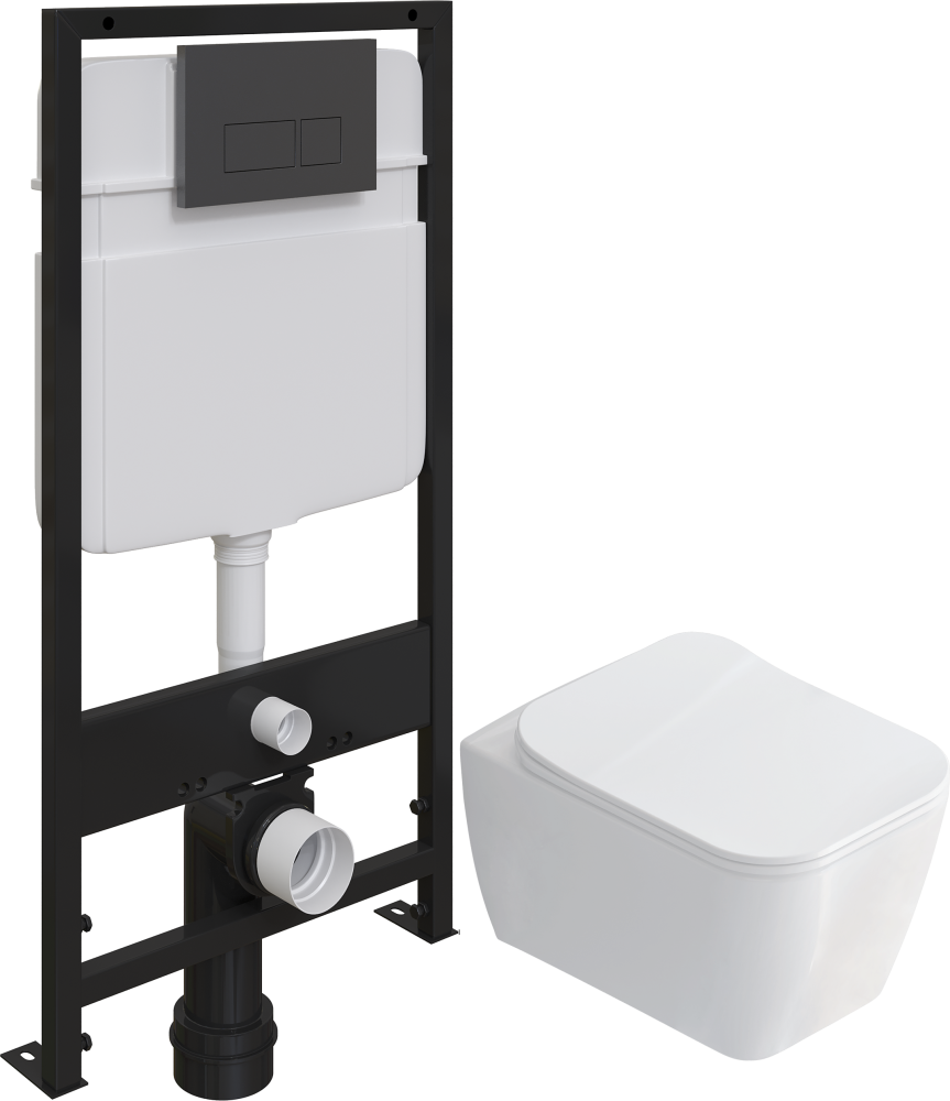 Комплект Унитаз подвесной STWORKI Монтре SETK3204-2616 безободковый, с микролифтом + Инсталляция Ewrika ProLT 0026-2020 + Кнопка 0044 черная матовая