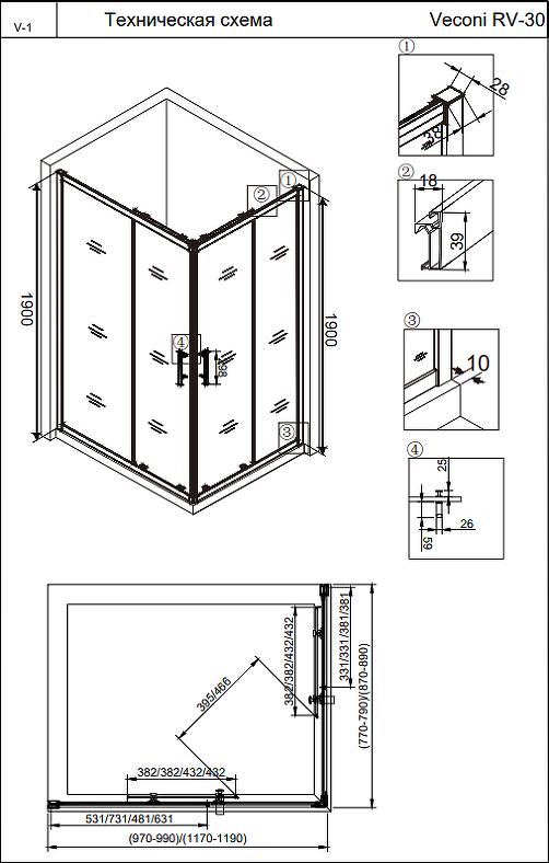 Душевой уголок Veconi Rovigo RV-30B 100x90 RV30B-10090-01-C3, профиль черный, стекло прозрачное