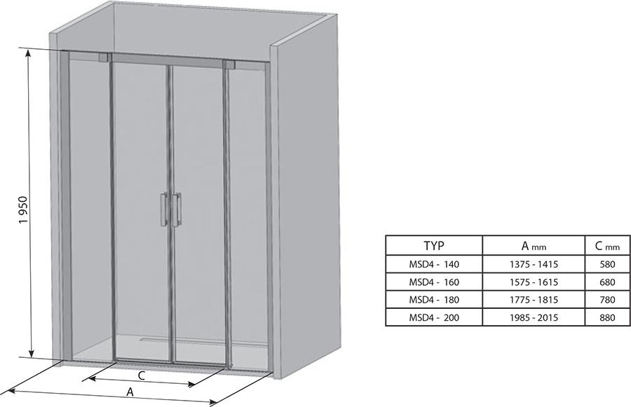 Душевая дверь в нишу 200 см Ravak MSD4 0WKK0U00Z1, сатин+тpанспаpент