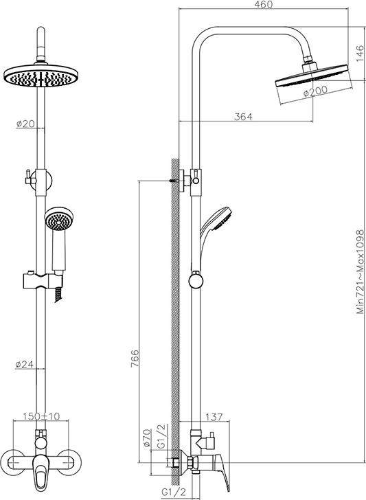 Душевая стойка Decoroom DR21070, с регулируемой высотой штанги, хром