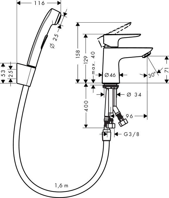 Смеситель для раковины Hansgrohe Talis E 71729000 с гигиеническим душем с донным клапаном Push-Open, хром