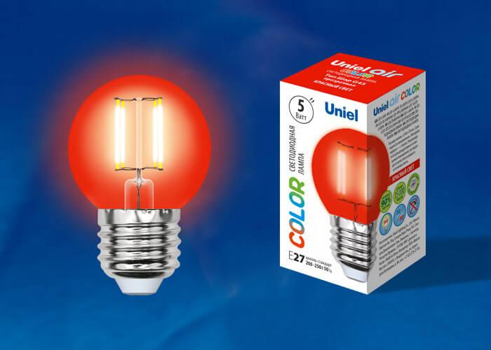 Лампа светодиодная филаментная Uniel E27 5W красная LED-G45-5W/RED/E27 GLA02RD UL-00002986