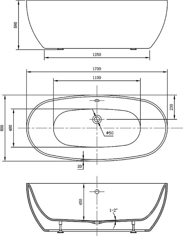 Акриловая ванна Vincea 170x80 VBT-405-1700MW, белый