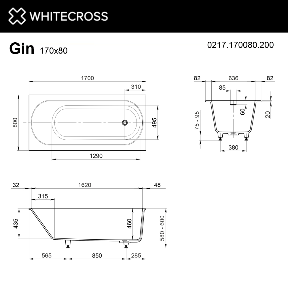 Ванна из искуственного камня Whitecross Gin 170x80 0217.170080.200 белый матовый