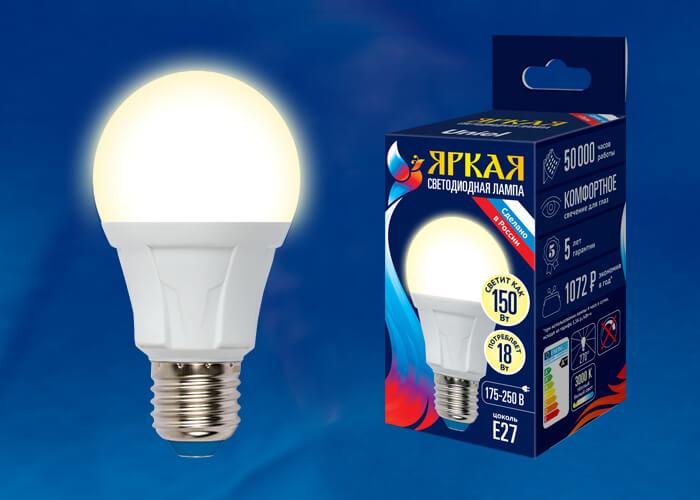 Лампа светодиодная Uniel E27 18W 3000K матовая LED-A60 18W/3000K/E27/FR PLP01WH UL-00005036