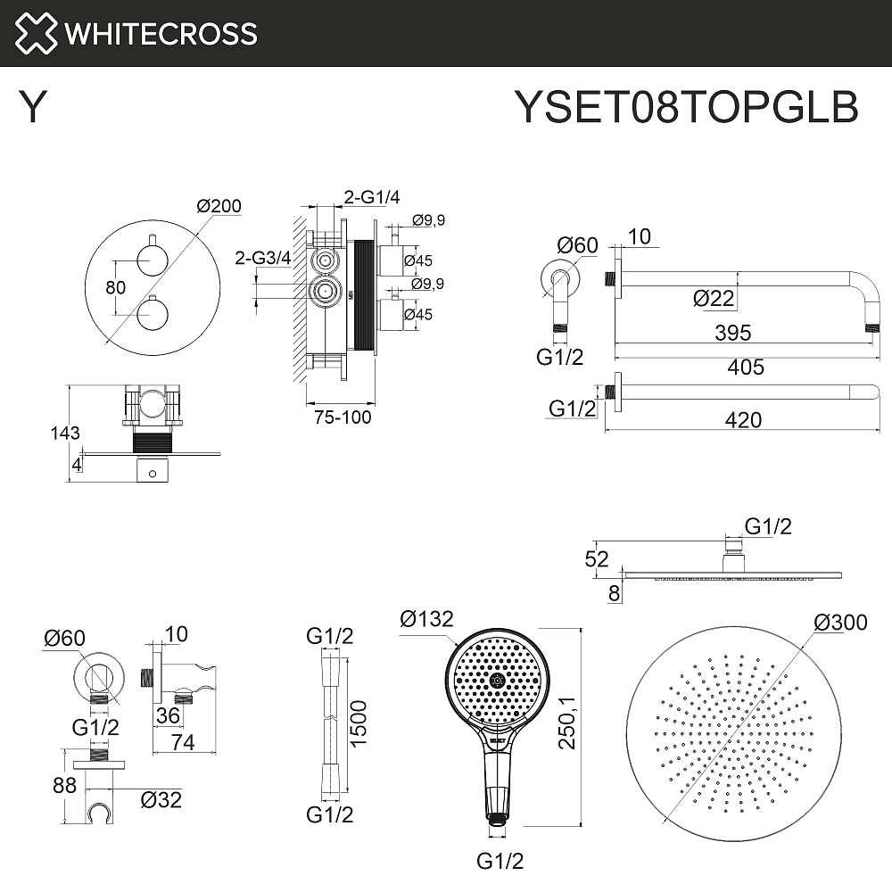 Душевая система Whitecross Y YSET08TOPGLB термостат, золото брашированное