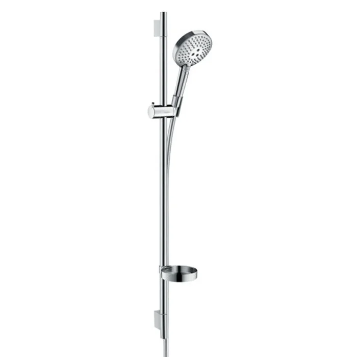 Душевой гарнитур Hansgrohe Raindance Select S 120 3jet PowderRain 27667000, штанга 90 см, корпус хром, лицевая часть белая, 3 режима струи