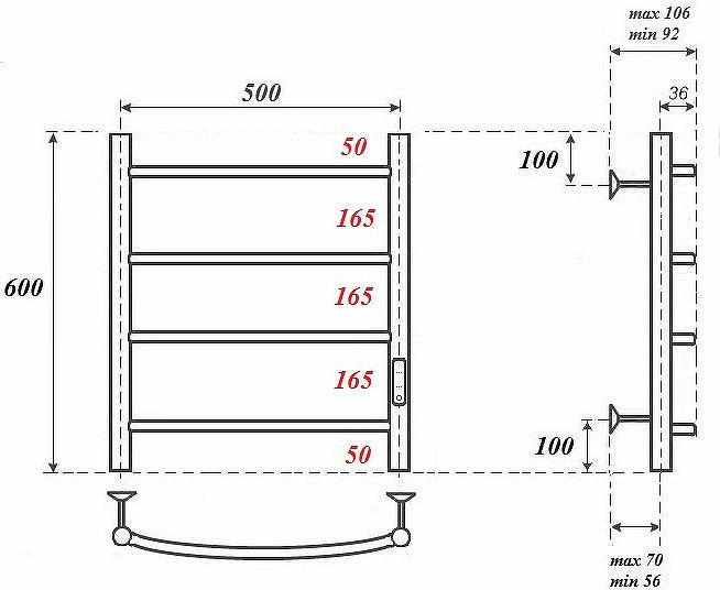 Полотенцесушитель электрический Point PN04856 П4 500x600 диммер справа, хром