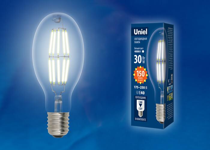 Лампа светодиодная филаментная Uniel E40 30W 4000K прозрачная LED-ED90-30W/NW/E40/CL GLP05TR UL-00003760