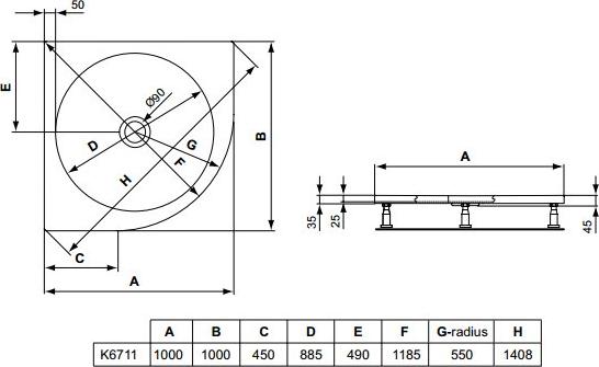 Поддон для душа 100x100 см Ideal Standard Tonic K671101 слив 90 мм, белый