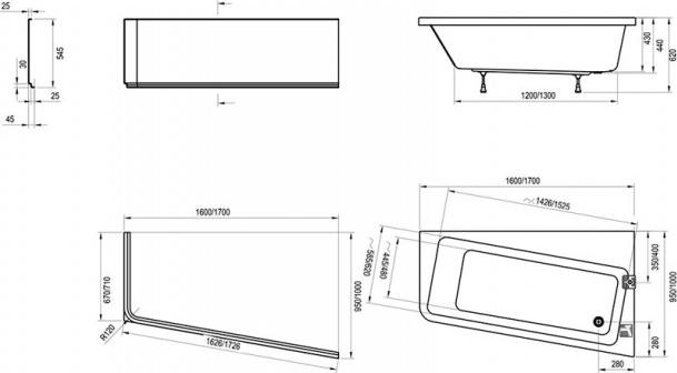 Акриловая ванна асимметричная Ravak 10° правая 160x95 C841000000