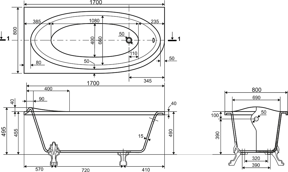 Ванна из искусственного камня Эстет Венеция 170x80 L