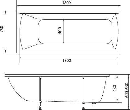 Комплект Акриловая ванна STWORKI Эстерсунд ES18075 без опоры 180x75 см + Ножки + Стойка Драммен