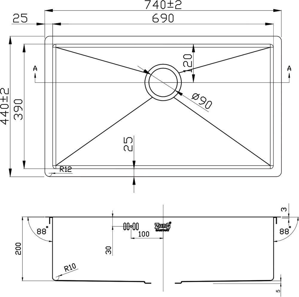 Кухонная мойка Zorg Inox PVD 7444 GRAFIT, графит