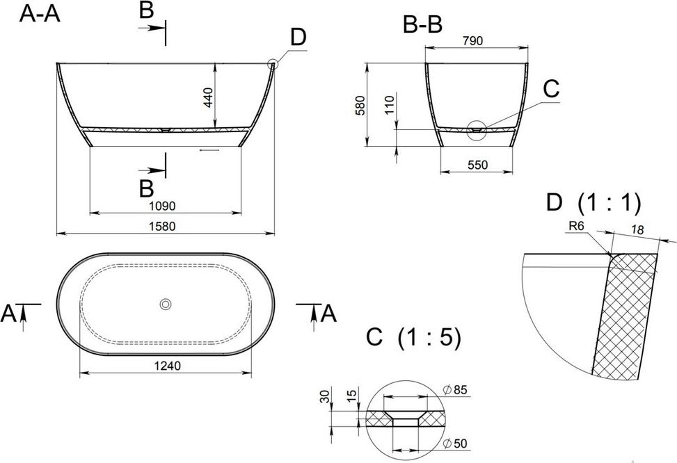 Ванна из искусственного камня Holbi Venus NEW 158x79 SCW 1.01.002.11.1, белый матовый