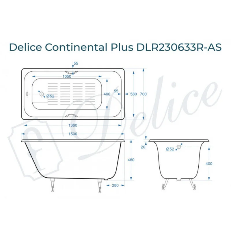 Чугунная ванна Delice Continental Plus DLR230633R-AS белый