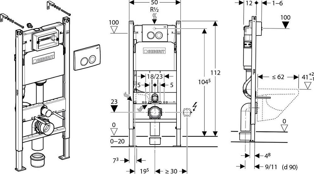 Комплект Система инсталляции для унитазов Geberit Duofix Delta 458.124.21.1 3 в 1 с кнопкой смыва + Чаша подвесного унитаза Roca Dama Senso 34651