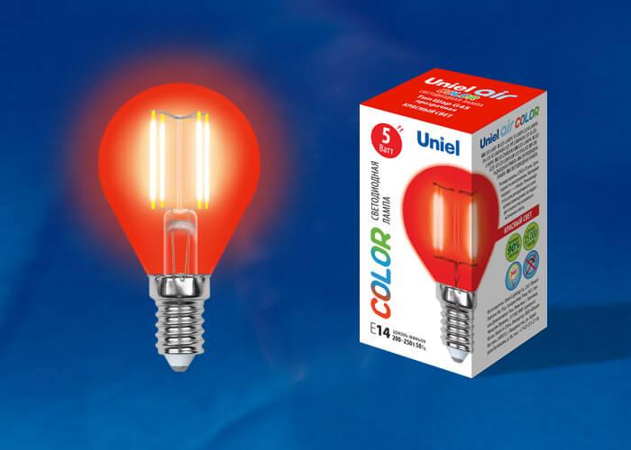 Лампа светодиодная филаментная Uniel E14 5W красная LED-G45-5W/RED/E14 GLA02RD UL-00002985