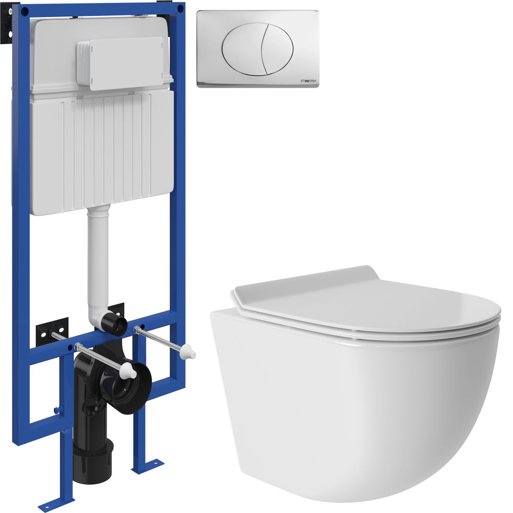 Комплект Унитаз подвесной Aqueduto Ovo Tornado OVOT0110 безободковый, с микролифтом, белый глянцевый + Инсталляция STWORKI + Кнопка 230822 хром глянцевый