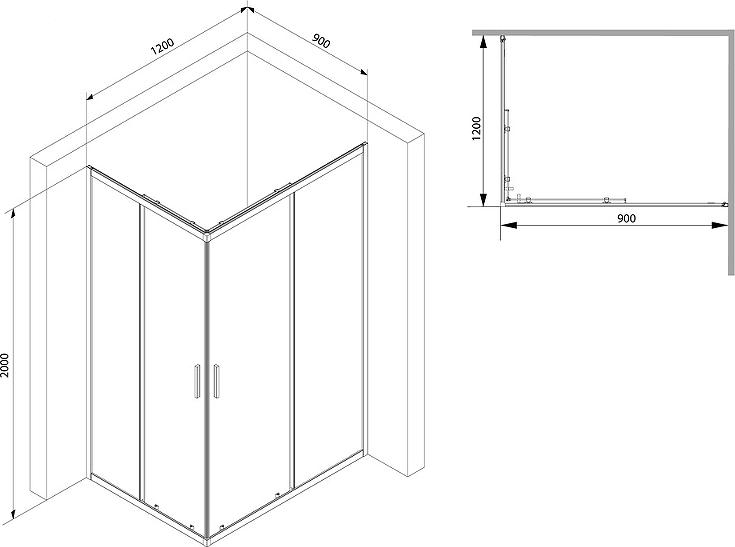 Душевой уголок AM.PM Gem S W93G-404-120290-BT, профиль черный, стекло прозрачное