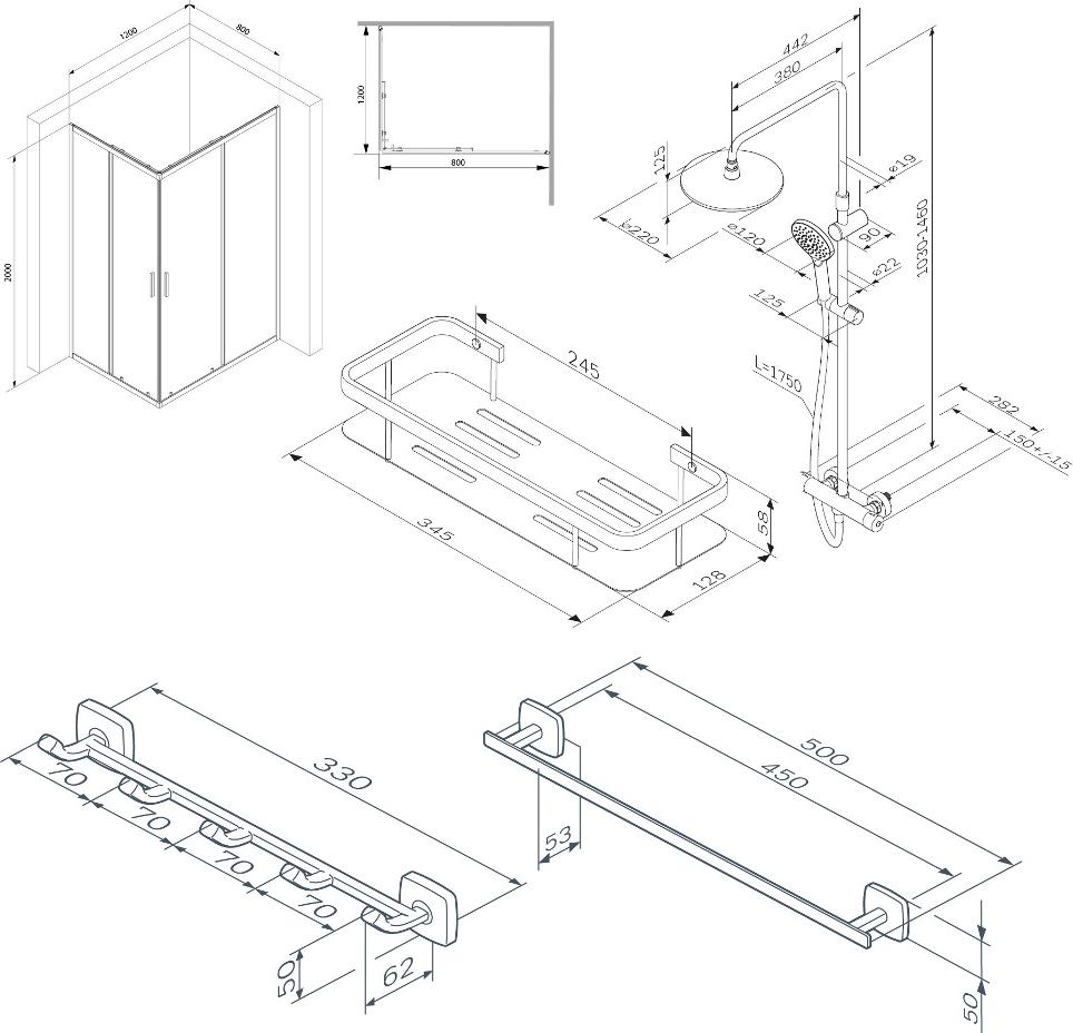 Комплект душевого уголка с душевой системой и аксессуарами AM.PM Gem S 120x80 WK93ER, матовый черный