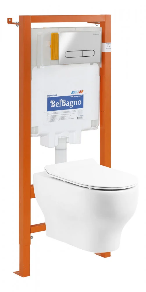 Инсталляция BelBagno с унитазом BelBagno Lucie BB063CHR, тонкое сиденье с микролифтом, клавиша хром, комплект 4 в 1