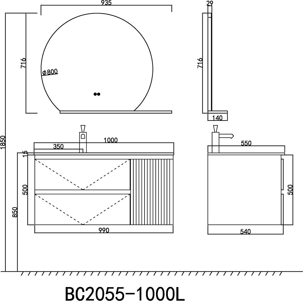 Тумба с раковиной Orans BC-2055-1000L 100 2055100L левая, темно-серый