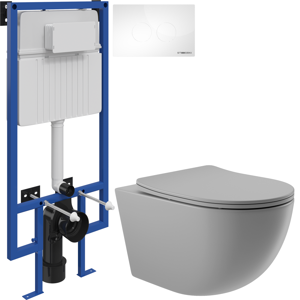 Комплект Унитаз подвесной Aqueduto Ovo OVO0130 безободковый, с микролифтом, серый матовый + Инсталляция STWORKI + Кнопка Хельсинки 500470 белая