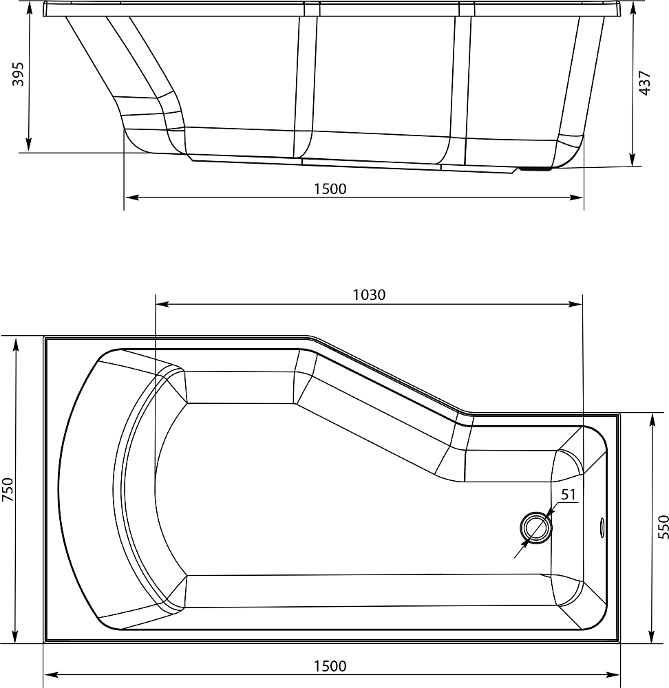 Акриловая ванна STWORKI Кронборг R 150x75 см, с ножками