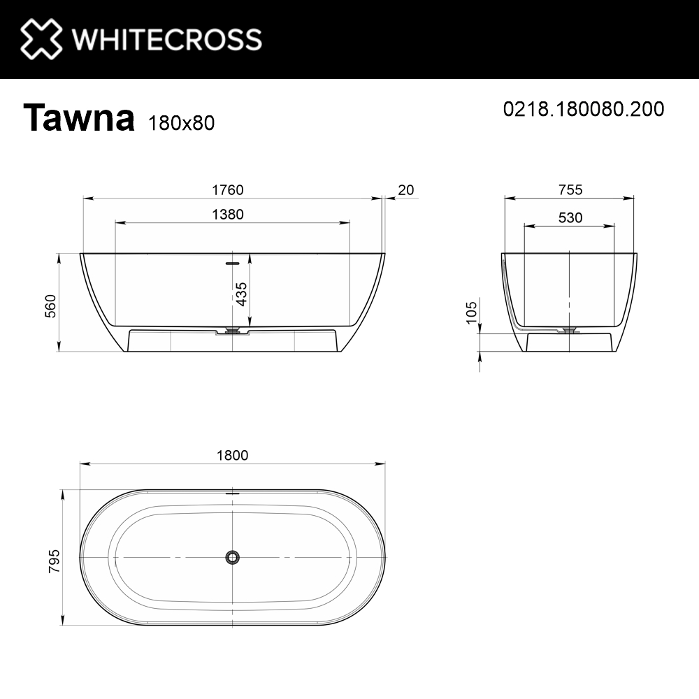 Ванна из искуственного камня Whitecross Tawna 180x80 0218.180080.200 белый матовый