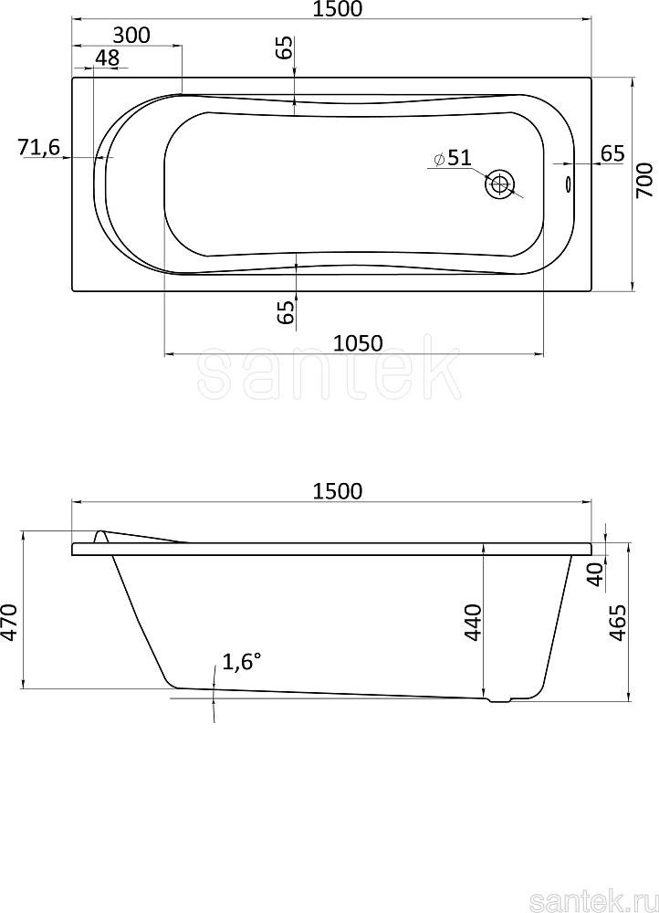 Акриловая ванна Santek Tenerife 150x70 1WH302213