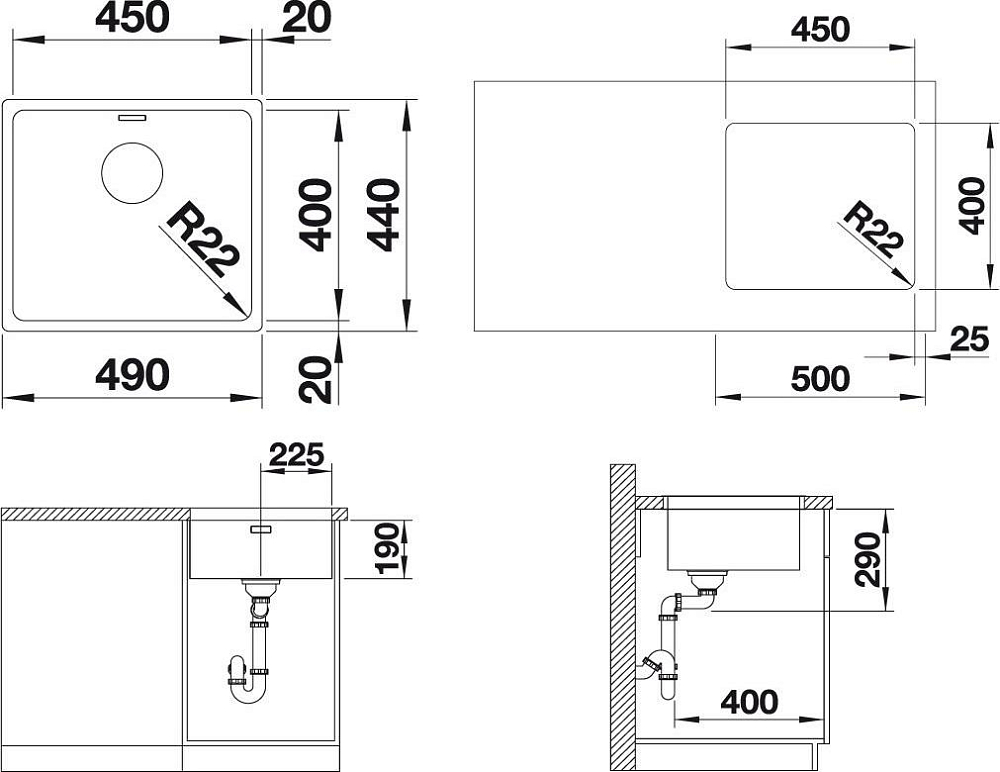 Кухонная мойка Blanco Andano 450 U нержавеющая сталь с зеркальной полировкой