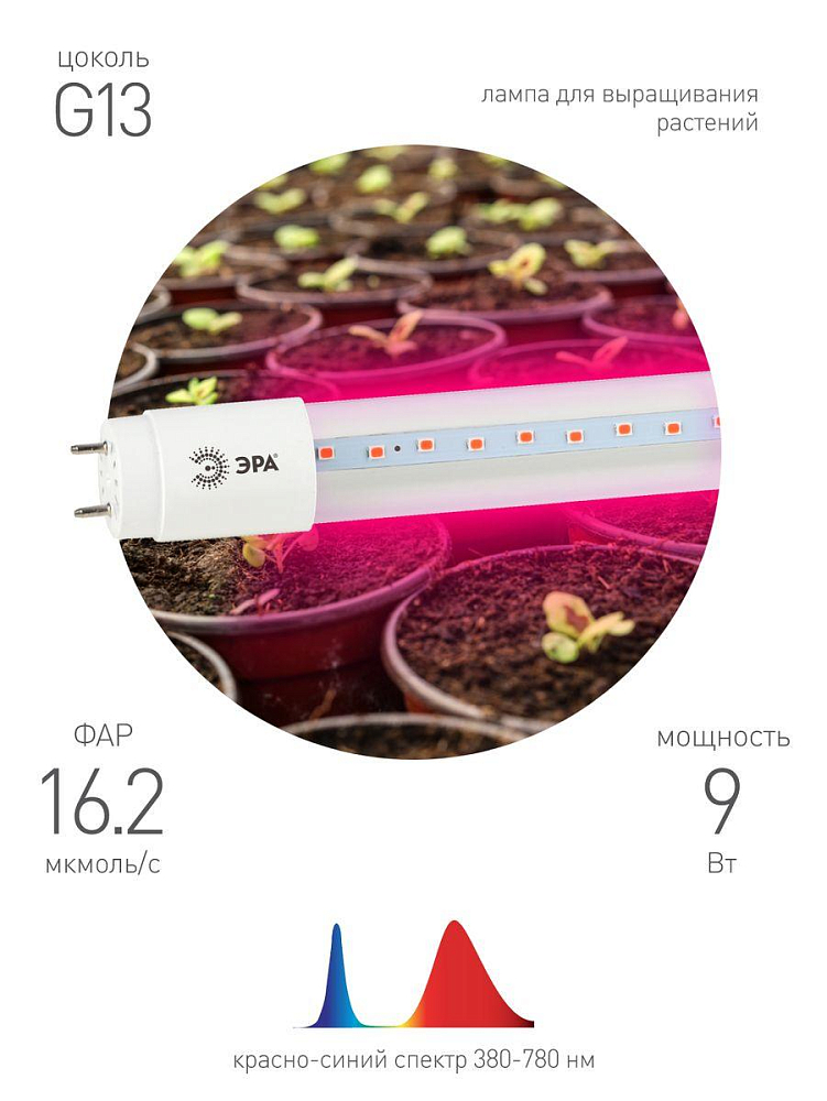 Лампа светодиодная для растений ЭРА G13 9W 1200K прозрачная Fito-9W-RB-Т8-G13-NL Б0042986