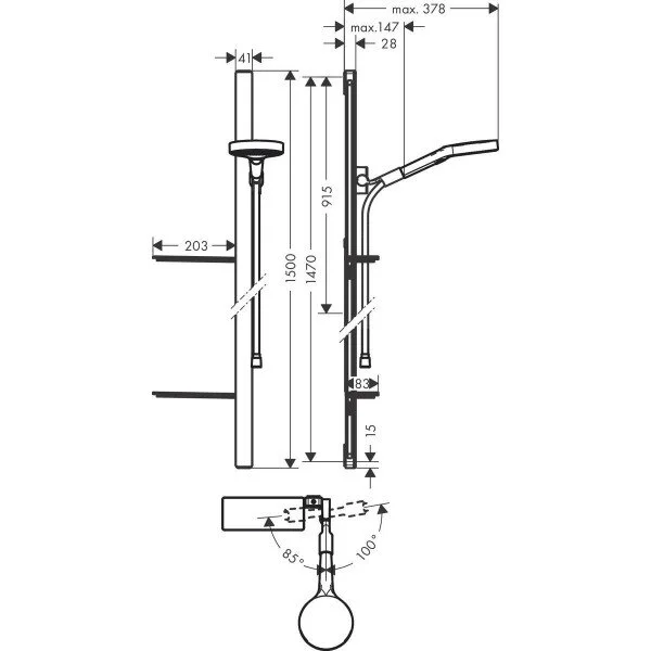 Душевой набор Hansgrohe Rainfinity 130 3jet 27674000 Unica'1500 Casetta EcoSmart, корпус хром, лицевая часть черная, 3 режима струи