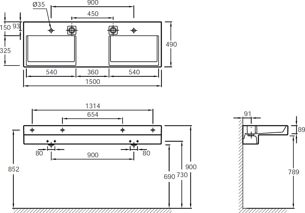 Раковина Jacob Delafon Terrace EXA112-00 150 см двойная