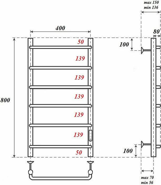 Полотенцесушитель электрический Point PN08848 П6 400x800 диммер справа, хром