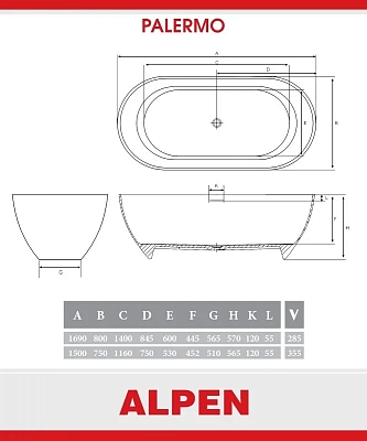 Ванна из искуственного камня Alpen Palermo 169х80 PAL-170M белый