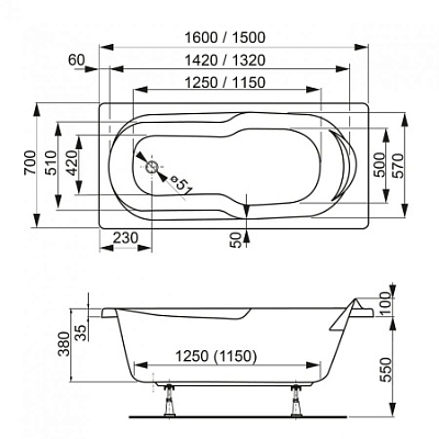 Ванна акриловая Vagnerplast Nymfa 150х70 VPBA157NYM2E-04 белый