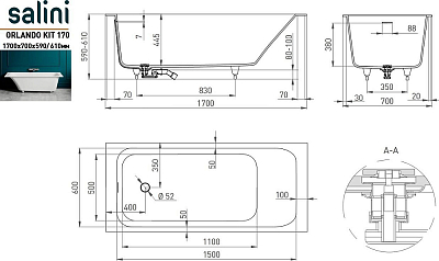 Ванна из искусственного камня Salini Orlando Kit 102111M 170x70 см, белый матовый