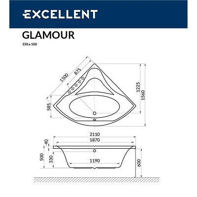 Акриловая ванна Excellent Glamour 150х150 WAEX.GLA15.LINE.GL золото, белый