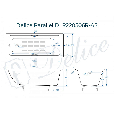 Ванна чугунная Delice Parallel 180х80 DLR220506RB-AS белый, черными матовыми ручками, антискользящее покрытие