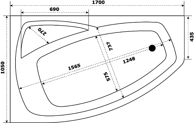 Акриловая ванна STWORKI Монтре L 170x105 см, угловая, с каркасом, асимметричная