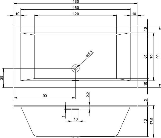 Акриловая ванна Riho Rething Cubic 180x90 R B107022005, заполнение через перелив