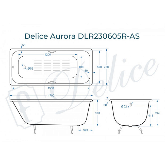 Ванна чугунная Delice Aurora 170х70 DLR230605R-AS белый, с отверстиями под ручки, антискользящее покрытие