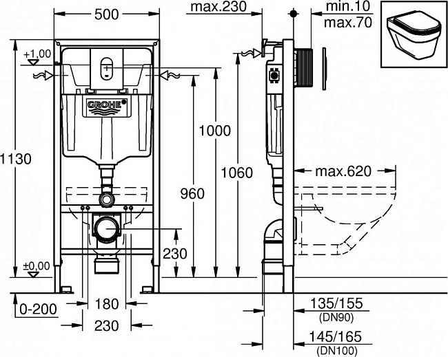 Комплект Чаша Ideal Standard Connect AquaBlade E047901 + Крышка-сиденье с микролифтом + Инсталляция Grohe Rapid SL 38929000 4 в 1 с кнопкой смыва
