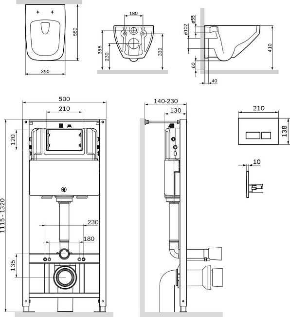 Комплект унитаза с инсталляцией AM.PM Inspire V2.0 FlashClean IS47001.50A1700 с сиденьем микролифт и белой клавишей смыва